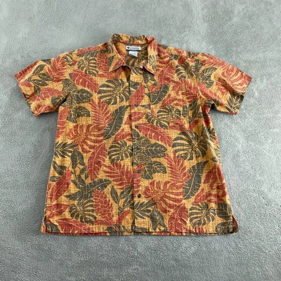 Columbia Mens Hawaiian Short Sleeve Shirt Large Cotton Viscose Leaves Print 4957 - Picture 1 of 8